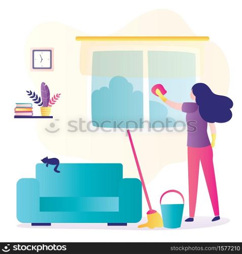 Woman doing cleaning, washing window and floor. Female character back view, mop and bucket nearby. Cleaning service. Room interior with furniture. Flat trendy vector illustration