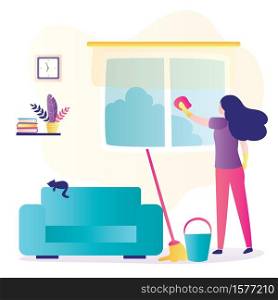 Woman doing cleaning, washing window and floor. Female character back view, mop and bucket nearby. Cleaning service. Room interior with furniture. Flat trendy vector illustration