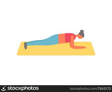 Woman doing exercise in one position vector, flat style of female standing on mat. Bodybuilder improving muscles and strengthening body, active lifestyle. Plank Work Out, Abs Improvement, Woman on Mat