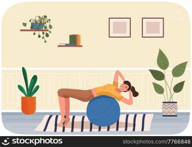 Woman doing fitness exercise at home. Young girl is engaged in pilates with ball. Slim lady dressed in sportive uniform doing sports in living room, back exercises and stretching. Gymnastics practice. Woman doing fitness exercise at home. Young girl is engaged in pilates with ball. Gymnastic lesson