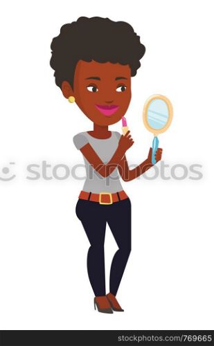 Woman doing makeup and looking in hand-mirror. Woman rouge lips with red color lipstick. Woman paints her lips. Girl applying lips makeup. Vector flat design illustration isolated on white background. Woman rouge lips with red color lipstick.