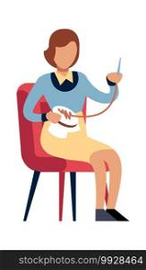 Woman doing needlework at home. Female character sitting on chair with thread and needle, girl embroiders, homemade clothes and decor, leisure time and hobby flat vector cartoon isolated illustration. Woman doing needlework at home. Female character with thread and needle, girl embroiders, homemade clothes and decor, leisure time and hobby flat vector cartoon isolated illustration