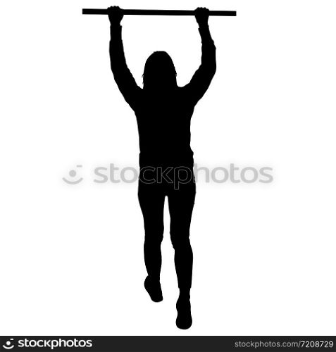 Woman doing pull-ups silhouette on a white background.. Woman doing pull-ups silhouette on a white background