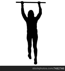 Woman doing pull-ups silhouette on a white background.. Woman doing pull-ups silhouette on a white background