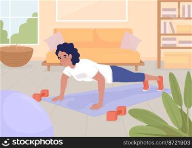 Woman doing push ups at home flat color vector illustration. Routine sports training. Healthy active lifestyle. Fully editable 2D simple cartoon character with living room on background. Woman doing push ups at home flat color vector illustration