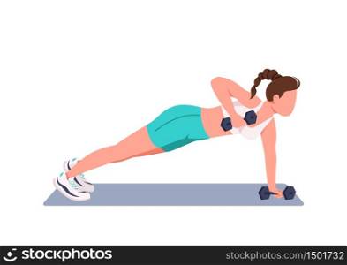 Woman doing push ups with dumbbells flat color vector faceless character. Young sportswoman, fitness instructor working out at home isolated cartoon illustration for web graphic design and animation. Woman doing push ups with dumbbells flat color vector faceless character
