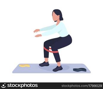 Woman doing squat exercise semi flat color vector character. Full body person on white. Workout with resistance band isolated modern cartoon style illustration for graphic design and animation. Woman doing squat exercise semi flat color vector character