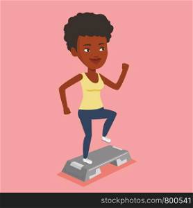 Woman doing step exercises. An african woman training with stepper in the gym. Woman working out with stepper in the gym. Girl standing on stepper. Vector flat design illustration. Square layout.. Woman exercising on steeper vector illustration.