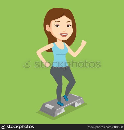 Woman doing step exercises. Caucasian woman training with stepper in the gym. Woman working out with stepper in the gym. Sportswoman standing on stepper. Vector flat design illustration. Square layout. Woman exercising on steeper vector illustration.