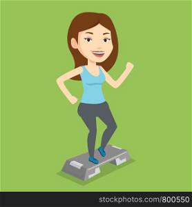 Woman doing step exercises. Caucasian woman training with stepper in the gym. Woman working out with stepper in the gym. Sportswoman standing on stepper. Vector flat design illustration. Square layout. Woman exercising on steeper vector illustration.