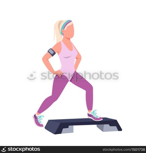 Woman doing step ups flat color vector faceless character. Sportswoman, fitness instructor training at home isolated cartoon illustration for web graphic design and animation. Aerobics, legs exercise. Woman doing step ups flat color vector faceless character
