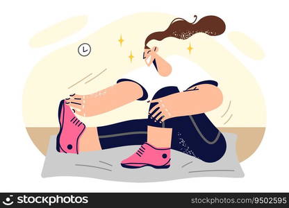 Woman doing stretching sitting on fitness mat and getting ready for sports workout or yoga practice. Happy girl enjoys fitness or morning exercises to improve figure and lose weight. Woman doing stretching sitting on fitness mat and getting ready for sports workout or yoga practice