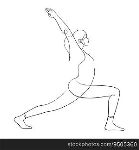 woman doing warrior yoga pose healthy exercising one line drawing calligraphic style vector illustration