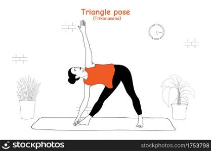 Woman doing yoga asana triangle pose or trikonasana in flat hand drawn style