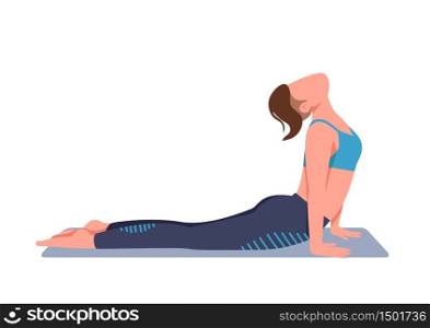 Woman doing yoga at home flat color vector faceless character. Sportswoman in cobra pose isolated cartoon illustration for web graphic design and animation. Relaxation exercise, healthy lifestyle. Woman doing yoga at home flat color vector faceless character