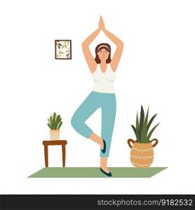 Woman doing yoga, being asana, practicing meditation. White woman character in home interior. Vector illustration.