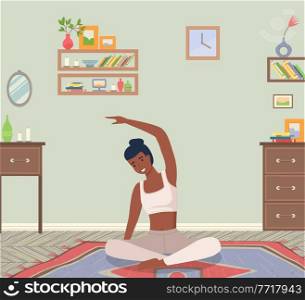 Woman doing yoga exercise. Young dark skinned fit girl sitting in lotus position. Female character taking care of her health, leads a healthy lifestyle, doing relaxation exercises in living room. Woman doing yoga exercise. Young dark skinned fit girl sitting in lotus position isolated on white