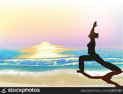 Woman doing yoga in the beach at sunrise