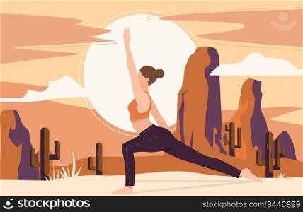 Woman doing yoga outdoors. Female yogi, practice, meditating in desert vector illustration. Healthy lifestyle concept for banner, website design or landing web page