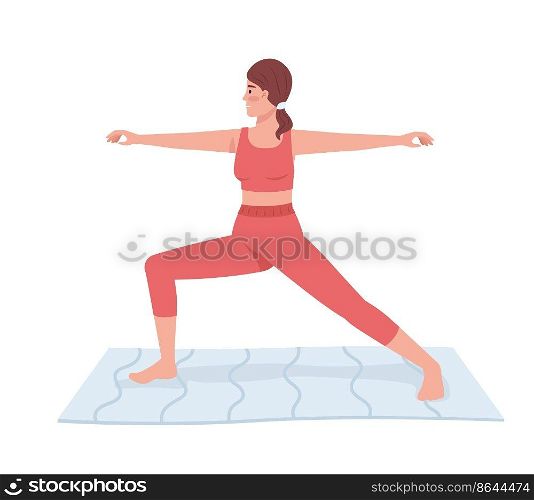 Woman doing yoga semi flat color vector character. Editable figure. Full body person on white. Physical activity simple cartoon style illustration for web graphic design and animation. Woman doing yoga semi flat color vector character