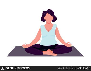 Woman doing yoga semi flat color vector character. Sitting figure. Full body person on white. Meditation class isolated modern cartoon style illustration for graphic design and animation. Woman doing yoga semi flat color vector character