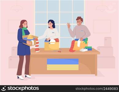 Woman donating clothing to ukrainian refugees flat color vector illustration. Collect humanitarian aid. Charity organization. Volunteers 2D simple cartoon characters with interior on background. Woman donating clothing to ukrainian refugees flat color vector illustration