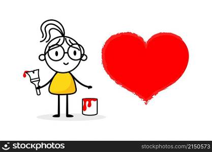 Woman draw red heart isolated on white background. Hand drawn doodle line art female. Concept of love. Vector stock illustration.