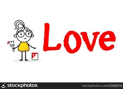 Woman draw red word love isolated on white background. Hand drawn doodle line art female. Concept of love. Vector stock illustration.