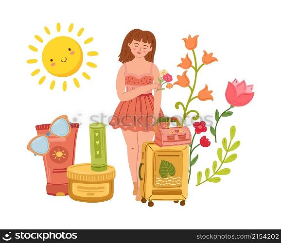 Woman dream about travel. Tourist character, female suitcase. Sunscreen, lipstick and sunglasses. Girl in dress go to vacation on beach vector. Illustration of travel dream girl think about vacation. Woman dream about travel. Tourist character, female with suitcase. Sunscreen, lipstick and sunglasses. Girl in dress go to vacation on beach vector concept
