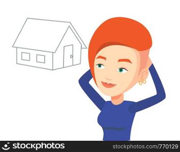 Woman dreaming about future life in a new house. Young woman planning her future purchase of house. Woman thinking about buying of house. Vector flat design illustration isolated on white background.. Woman dreaming about buying new house.