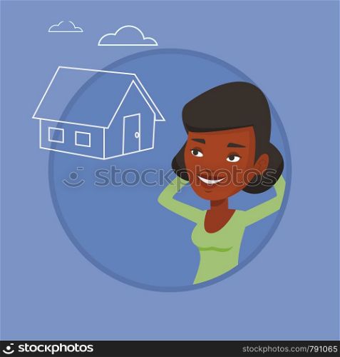 Woman dreaming about future life in a new house. Woman planning her future purchase of house. Woman thinking about buying a house. Vector flat design illustration in the circle isolated on background.. Woman dreaming about buying new house.