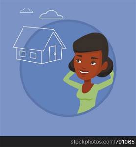 Woman dreaming about future life in a new house. Woman planning her future purchase of house. Woman thinking about buying a house. Vector flat design illustration in the circle isolated on background.. Woman dreaming about buying new house.