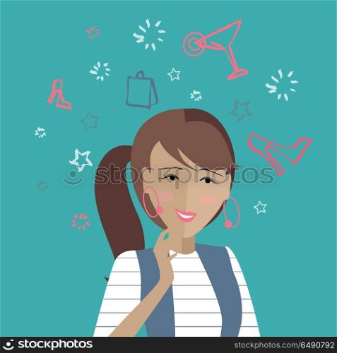 Woman Dreaming About her Weekends. Day Off. Woman dreaming about her weekends. Girl thinks how to spend her weekend cheerful. Thoughts that you need hang off at the party. Part of series of daily routine of the week. Vector illustration.