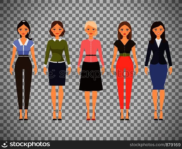 Woman dresscode vector illustration. Beautiful women in different outfits icons isolated on transparent background. Beautiful women in different outfits