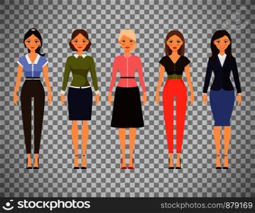 Woman dresscode vector illustration. Beautiful women in different outfits icons isolated on transparent background. Beautiful women in different outfits