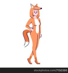 Woman dressed in fox costume flat vector illustration. Person dressing like animal. Girl in Halloween party outfit cartoon character with outline elements isolated on white background
