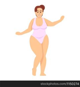 Woman dressed in swimsuit flat vector illustration. Body positive and feminism. Excess weight. Plus size figure. Caucasian smiling lady with brown hair isolated cartoon character on white background