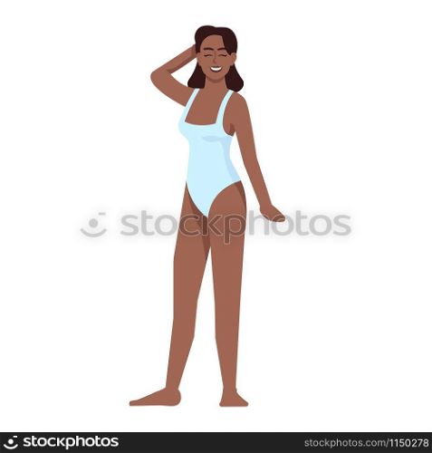 Woman dressed in swimsuit flat vector illustration. Body positive. Struggle for equality and feminism. Thin figure. African american smiling lady isolated cartoon character on white background