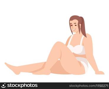 Woman dressed in two-piece swimsuit flat vector illustration. Body positive. Struggle for equality and feminism. Plus size figure. Caucasian smiling lady isolated cartoon character on white background