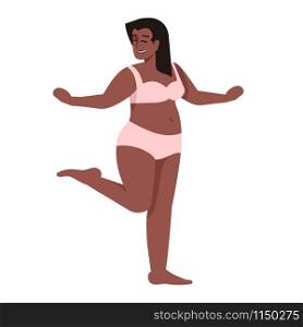Woman dressed in two-piece swimsuit flat vector illustration. Body positive and feminism. Excess weight. Plus size figure. African american smiling lady isolated cartoon character on white background