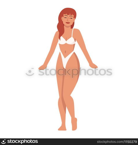 Woman dressed in two-piece swimsuit flat vector illustration. Body positive, feminism. Thin figure. Lingerie model. Caucasian smiling lady with red hair isolated cartoon character on white background
