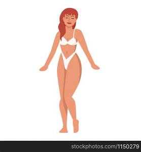 Woman dressed in two-piece swimsuit flat vector illustration. Body positive, feminism. Thin figure. Lingerie model. Caucasian smiling lady with red hair isolated cartoon character on white background