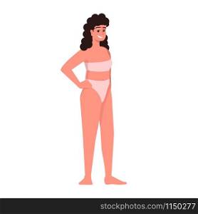 Woman dressed in two-piece swimsuit flat vector illustration. Body positive. Thin figure. Caucasian smiling lady with curly black hair and freckles isolated cartoon character on white background