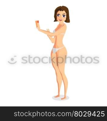 Woman dressed in white swimsuit is standing sunbathe and anoint themselves with a cream for tanning. Isolated flat cartoon illustration. The comic girl on the beach in white bikini.