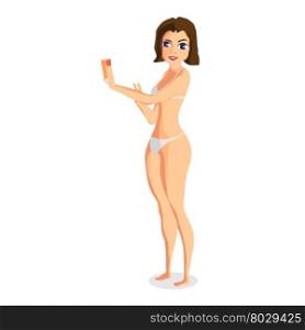 Woman dressed in white swimsuit is standing sunbathe and anoint themselves with a cream for tanning. Isolated flat cartoon illustration. The comic girl on the beach in white bikini.
