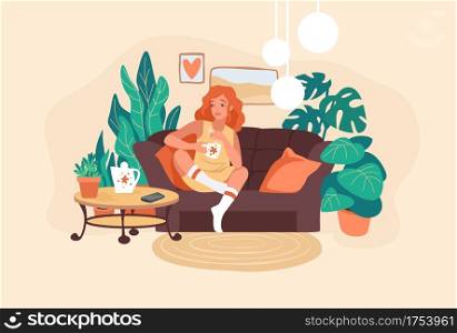 Woman drink coffee. Girl resting on sofa alone. Cartoon young female holding mug with hot beverage. Cute character sitting on comfortable couch at home. Cozy room interior. Vector leisure pastime. Woman drink coffee. Girl resting on sofa alone. Young female holding mug with hot beverage. Cute character sitting on couch at home. Comfortable room interior. Vector leisure pastime