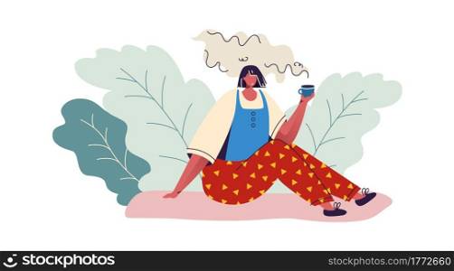 Woman drinking coffee. Cartoon female having picnic alone. Cute girl sitting on grass and holding tea cup. Mug with rising hot steam. Young character resting outdoor. Vector summer vacation in park. Woman drinking coffee. Cartoon female having picnic. Cute girl sitting on grass and holding tea cup. Mug with rising hot steam. Character resting outdoor. Vector summer vacation in park
