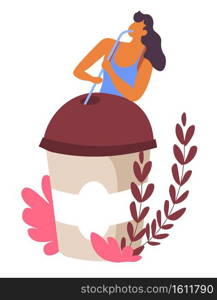 Woman drinking coffee from takeaway, female character standing by big cup of warm beverage using straw. Lady with decorative foliage, refreshing liquid in plastic container coffeeshop, vector in flat. Female character drinking coffee from takeaway, woman with cup