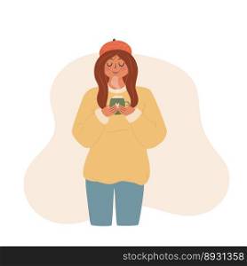 Woman drinking hot cappuccino. Vector illustration 