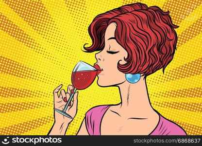 Woman drinking red wine. Pop art retro vector illustration. Woman drinking red wine